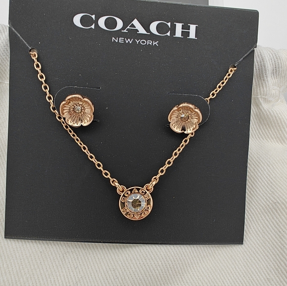New COACH Open Circle Necklace And Tea Rose Stud Earrings Set Gold Pouch - Picture 2 of 6